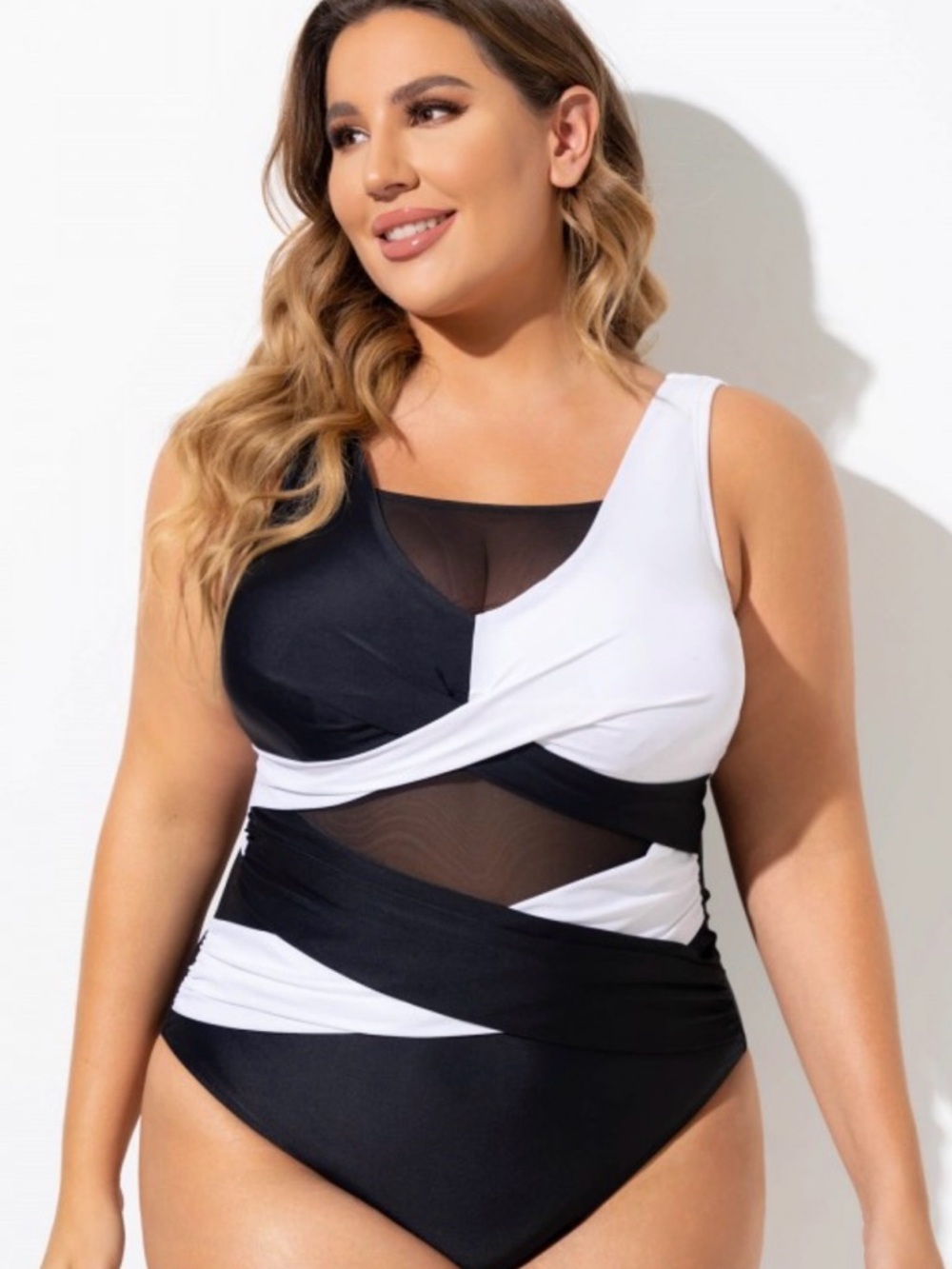 NWT Meet.Curve Plus Size Black and White One-Piece Swimsuit with Mesh Insets